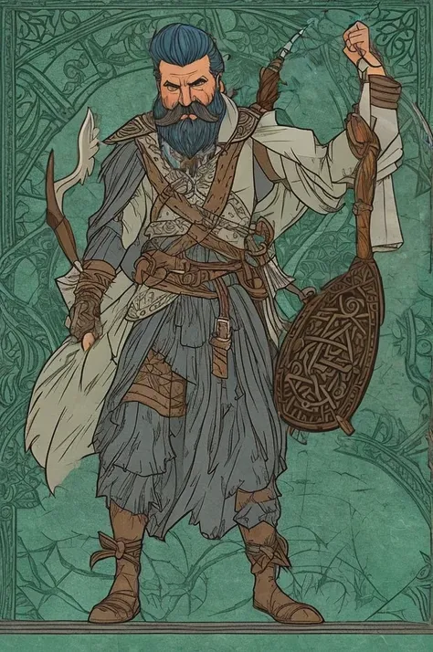 skin needs tio be pale blue. make it look more like a giant. hair beard and moustache more untamed and white and grey. redo bow, give it rune carvings.