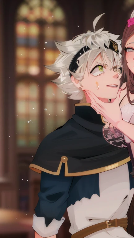 anime couple hugging in a castle with a castle in the background, fanart detalhado, Demon Slayer rui fanart, fanart de alta qualidade, feito com anime painter studio, [ Arte digital 4K ]!!, 8k!!, Captura de Black Clover, Black Clover Asta