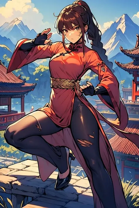 lei kugo live a live, qipao, chinese clothes, traditional clothes, action pose, full body, brown hair, braided hair, scars on fa...