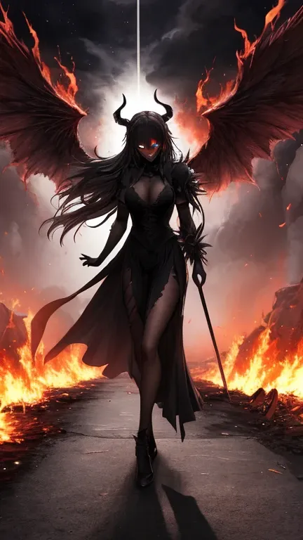 (dark skin), (demon horns), large breasts,
Immortal temptation takes over my mind
Condemned
Fallen weak on my knees, summon the strength
Of mayhem
I am the storm that is approaching
Provoking black clouds in isolation
I am reclaimer of my name
Born in flam...