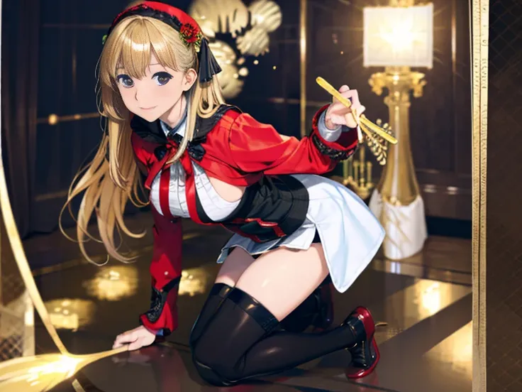 masterpiece, best quality, high_resolution, fine detail, very detailed and beautiful, distinct_image, 1个女孩, Solo,Blonde,Front facing, Red eyes, (huge breasts), (),(miniskirt),(thighhigh),sister costume