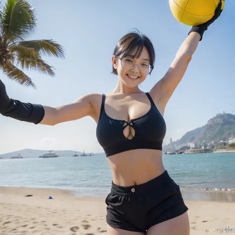 Coastal, Dazzling sunlight, 1 busty girl, short ponytail hair, shorter pants, sea beach, holding a beach ball, Armpits, Black shorts, Crop top, ssmile, Drill ponytail, put glasses on head, Fingerless gloves, looking at viewert, arms stretched wide, Silver ...