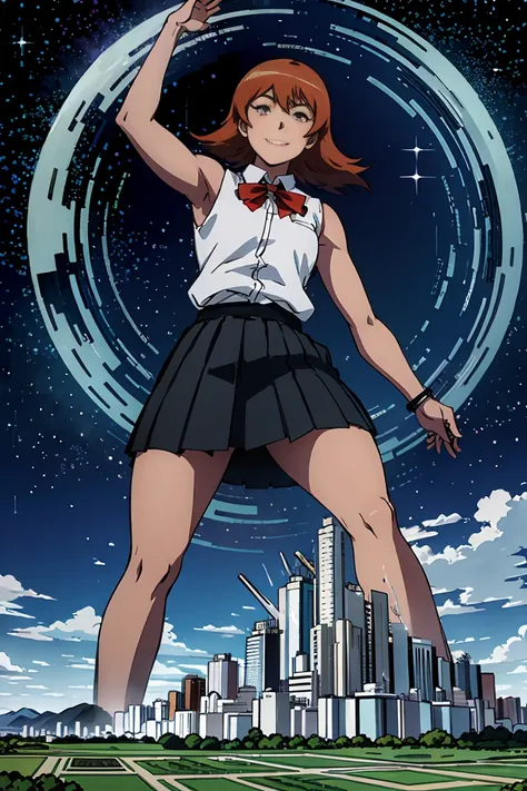 giantess art, sora takenouchi, a giant woman bigger than a skyscraper, very small metropolis, miniature metropolis, full body de...