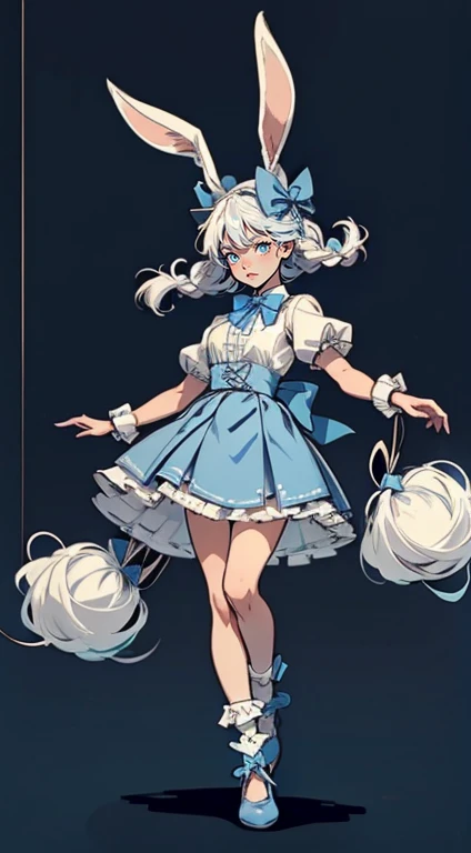 rabbit themed characters with clothing and accessories on them, two of the characters are wearing bunny ears, 1girl, bow, skirt, blue bow, blue skirt, blue eyes, hat, braid, socks, white hair, hair bow