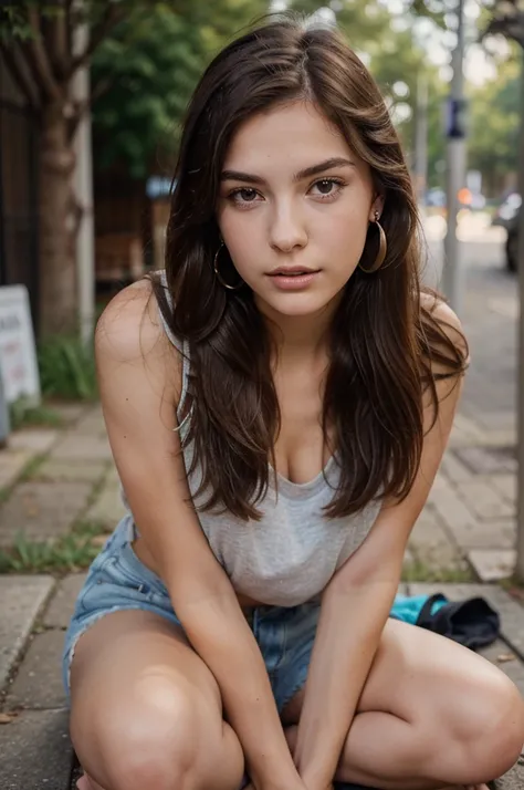 Photo of a 20 year old brunette woman, that has a very natural face, thin lips, thin eyes, thin eyebrows, thin nose, earrings, long eyelashes.She sits on the ground her legs are open facing the observer, she is completely nakd