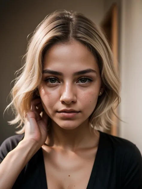 photography of a 20yo woman,light blond hair, perfect face, masterpiece,instaphoto,latina, a mole on my right cheek, photorealisic,8k,,black skirt,surprise photo