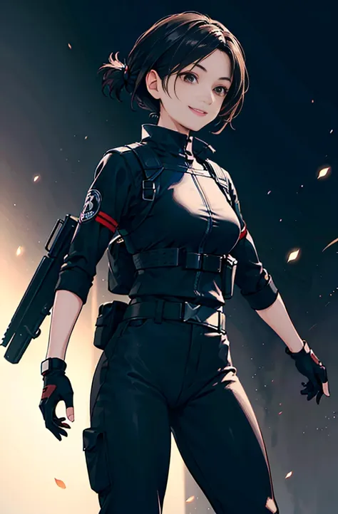 (Masterpiece, best quality), 1 Japanese woman, dark brown hair, topknot, brown eyes, smiling, detailed lips, finger-less gloves, tactical combat gear, black skintight top, black army pants, facility background, standing