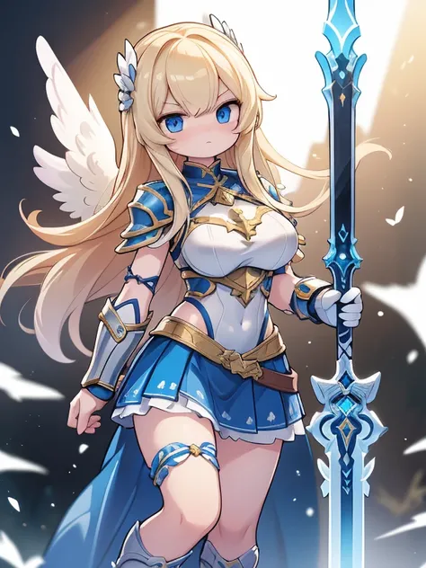 Angel girl, 1.50 meters tall, 18 years old, golden blonde hair, blue eyes, wearing Spartan style armor up to her waist and a skirt that reaches mid-thighs with arm guards and low-heeled sandals that cover up to her silver colored knee breasts H cup heart s...