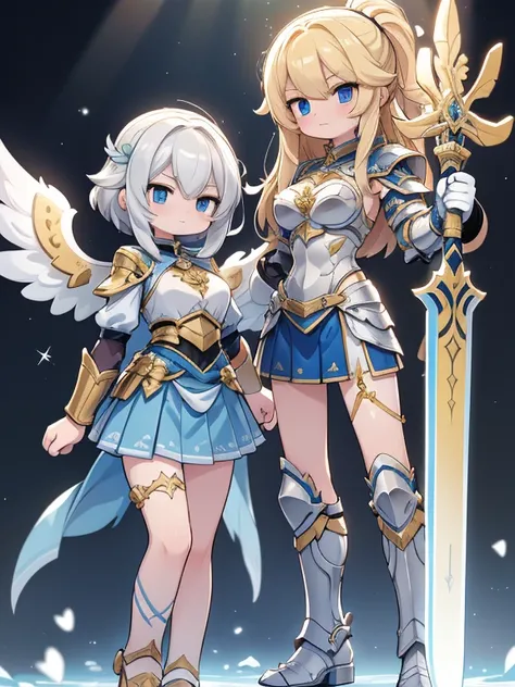 Angel girl, 1.50 meters tall, 18 years old, golden blonde hair, blue eyes, wearing Spartan style armor up to her waist and a skirt that reaches mid-thighs with arm guards and low-heeled sandals that cover up to her silver colored knee breasts H cup heart s...