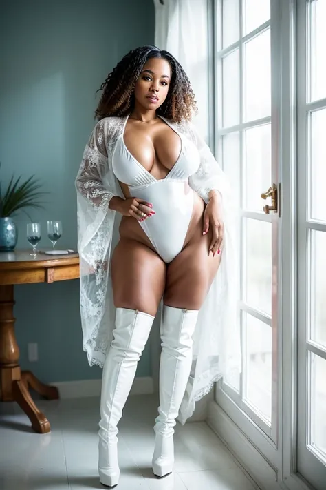 40 year old light skinned black woman, big thighs, lace robe, white lace swimsuit, (white latex boots), (high heels), standing next to curtain window at the beach house