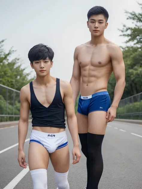 16 years old teenagers , very young , light-skin , wearing an dark blue sexy underwear, tmasterpiece，k hd，the feet ，black long socks，The barefoot , blue colour , handsome and cute , extreme cute boy , white skin , dark blue underwear boxers shorts , extrem...