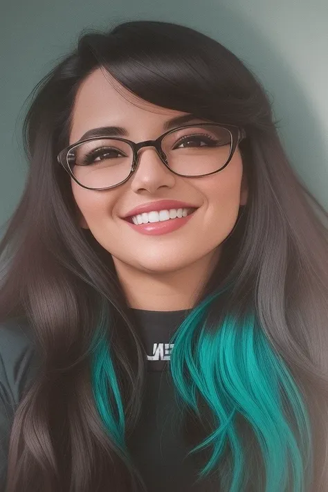 mulher sorridente, with long dark hair and glasses, vestindo uma camisa preta, with long cabelo turquesa, foto de perfil headshot, cabelo turquesa, halfbody headshot, cabelo marejado, few vivid turquoise highlights, Alanis Guillen, bonito ligeiramente nerd...