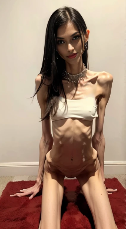 Photograph of an anorexic emaciated extremely skinny Oriental female model, the camera is looking down from above model, show full height of model from toes up, she is kneeling on the carpet in front of a white wall, she is looking up at the camera, the ca...