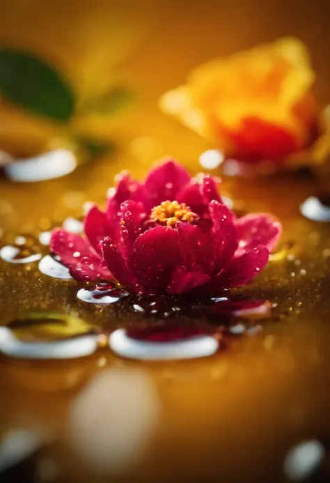 a creative shot of water droplets on a colorful surface, such as a flower or fruit, showcasing the vibrant colors and enhancing the visual impact