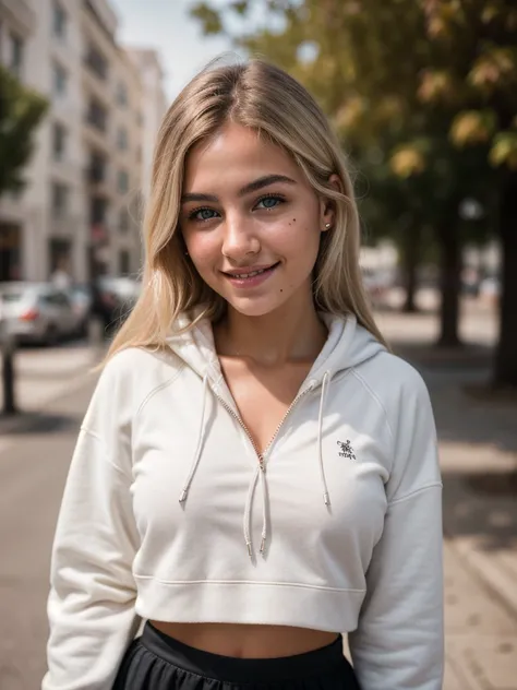 ,photography of a 20yo woman,light blond hair, perfect face, masterpiece,instaphoto,latina, a mole on my right cheek, photorealisic,8k, a gentle smile,photo from a vacation,professional (full body photo), (4k photo:1.1),skirt,hoodie