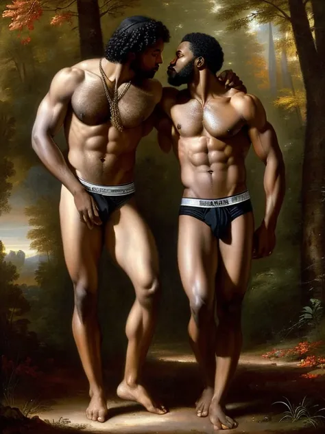 Oil painting, classic style, neoclassical, ((Two black males standing close to each other)), embracing, handsome men, kissing, hairy, handsome, men, shirtless, ((red briefs, bulge)), centered, perfect composition, centered, by Raphael, by Daniel Gerhartz, ...