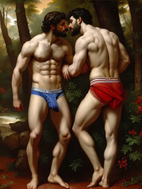 Oil painting, classic style, neoclassical, ((Two Greek males standing close to each other)) kissing, embracing, handsome men, kissing, hairy, handsome, men, shirtless, ((red briefs, bulge)), centered, perfect composition, centered, by Raphael, by Daniel Ge...