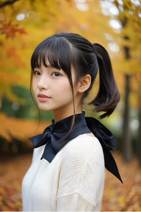 Autumn attire、bow ribbon、a beauty girl、sixteen years old、Black hair straight