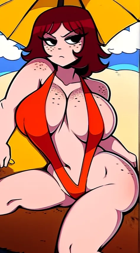 DeviantArt fanart, 2010, Kim_Pine, red hair, huge breasts, wide hips, red sling bikini, lifeguard, freckles on legs and breasts, sunny day, beach,, drawn perfectly, no errors