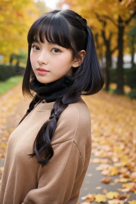 Autumn attire、bow ribbon、a beauty girl、sixteen years old、Black hair straight