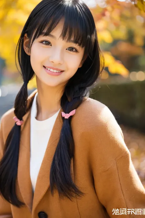 Autumn attire、bow ribbon、a beauty girl、17 age、Black hair straight、A slight smil、