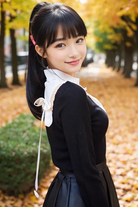 Autumn attire、bow ribbon、a beauty girl、17 age、Black hair straight、A slight smil、