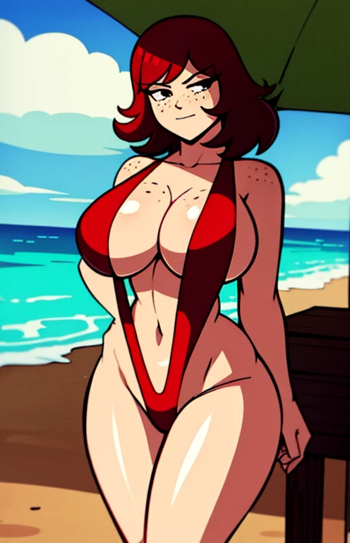 DeviantArt fanart, 2010, Kim_Pine, red hair, huge breasts, wide hips, red sling bikini, lifeguard, freckles on legs and breasts, sunny day, beach,, drawn perfectly, no errors