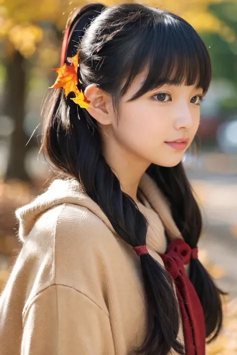 Autumn attire、bow ribbon、a beauty girl、sixteen years old、Black hair straight、