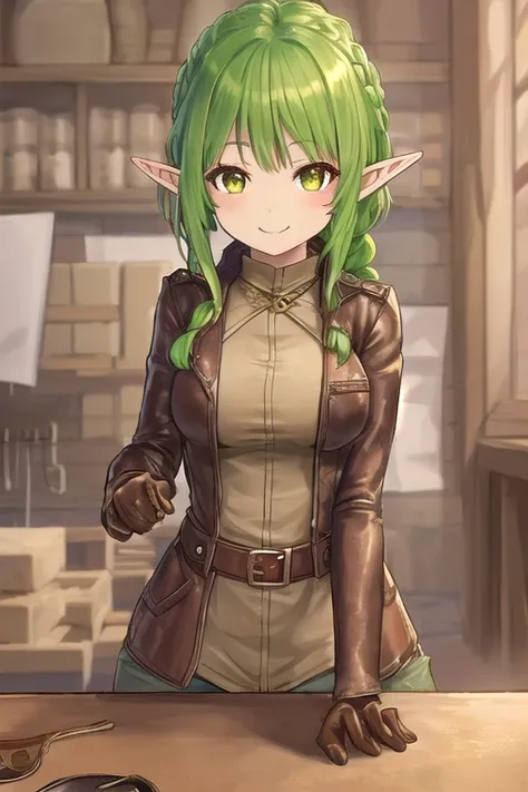 masterpiece, best quality, ultra-detailed, 1 girl, goblin girl, female goblin, goblin, 1girl, (green skin), long pointy ears, makima, Green hair, long braided hair, golden eyes, bangs, medium breasts, smile, (lworking in the leather shop), short