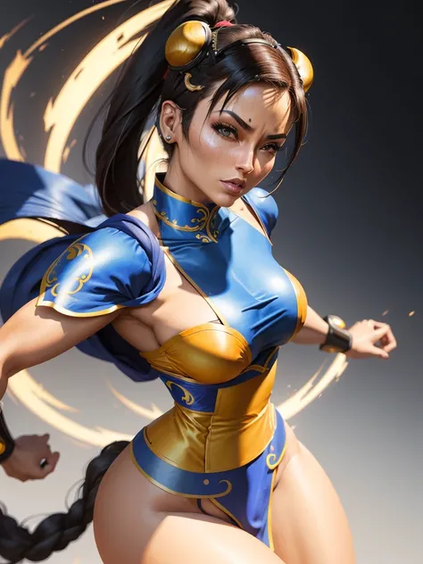 ((Mujer basada en el personaje Chun Li)), pechos grandes, caderas medianas, ((ultra realista)), TM Ninja Blanco, Iconos, colores vibrantes, Estilo vectorial, arte digital, 4k, Detalles intrincados, Hipnotizante, Hecho profesionalmente, Beautiful vector ill...