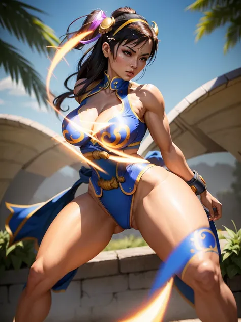 ((Mujer basada en el personaje Chun Li)), pechos grandes, caderas amplias, ((ultra realista)), TM Ninja Blanco, Iconos, colores vibrantes, Estilo vectorial, arte digital, 4k, Detalles intrincados, Hipnotizante, Hecho profesionalmente, Beautiful vector illu...