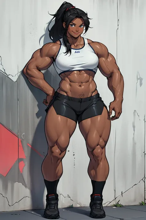 ((1 girl)), (full body) messy black ponytail hair, (brown skin) ((muscular)), blue eyes, looking at viewer, flexing muscles, blushing, topless, black bike shorts, (thick thighs), pale skin, strong, abs, big thighs, (medium breasts), navel, smiling, against...