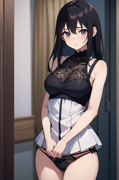 official style, himeragi yukina, strike the blood, very aesthetic, best quality, intricate, overall detail, 1 girl, black hair, bra with light blue lace, panties with light blue frills, standing, blushing, background is dressing room, facing the front, loo...