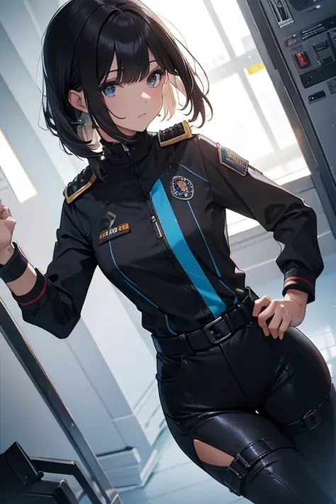 (highest resolution, distinto_Imagen), La mejor calidad, Obra maestra, Altamente detallado, semi realista, Una mujer con el pelo corto y negro, Mujer madura, Triple flequillo, uniforme negro, falda plisada negra, Uniforme militar, Espacio de naves espacial...