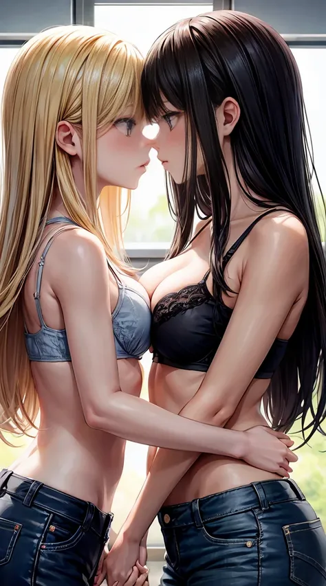 Two teenage girls，Angry look，equivalent height，in class room，black and blonde hair，Facing each other and staring，embracing each other，The two bodies are close to each other，kiss、Kissing、Picture of two people、Holding hands and facing each other、Photograph o...