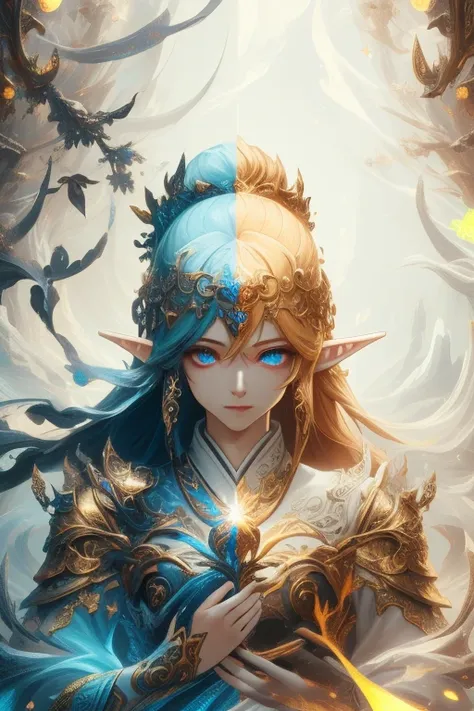 portrait, golden elf, female, golden hair, golden clothes, elven race, detailed eyes, detailed face, royal costume, with a glow of light around her, (best quality, masterpiece: 1.2), vivid colors, luminous lighting , bright golden tone.