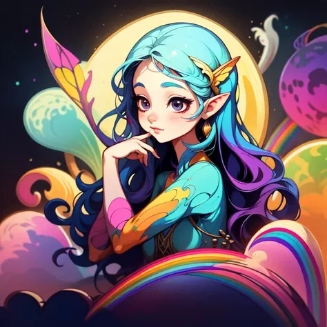 adesivo,1girl, fundo simples, retrato, girl with long hair, beautiful pixie, pixie aesthetic, beautiful pixie, very beautiful fantasy art, beautiful and elegant female pixie, beautiful detailed fantasy, rainbow color palate, rainbow color-theme