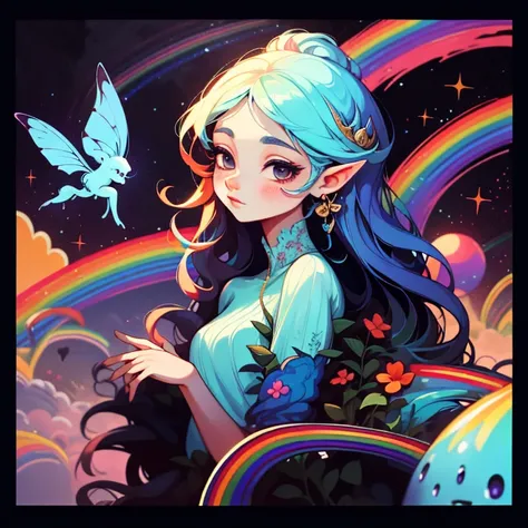 adesivo,1girl, fundo simples, retrato, girl with long hair, beautiful pixie, pixie aesthetic, beautiful pixie, very beautiful fantasy art, beautiful and elegant female pixie, beautiful detailed fantasy, rainbow color palate, rainbow color-theme