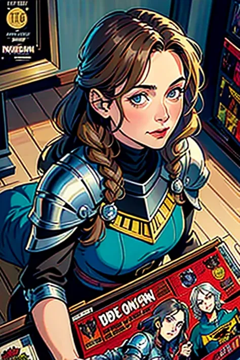 Birds Eye View  detailed ((dnd knight middle aged woman  portrait)), happy, HD, (oil painting:1.1), (comic book art style:1.5),(inked outline:1.3), Stunning, Character, Portrait, (((Looking Sideways))), angular features, (darkbrown Braids Hair),  (muted na...