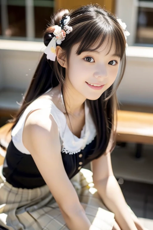 (((​masterpiece))),  (((Full body photo，Sitting on a chair)))，(One beautiful Japan girl, Innocence，kawaii) ，超A high resolution, Realistic, ultra-detailliert, 8K,top-quality, Extremely detailed, blurry backround,A slender,small tits，very beautiful japanese ...