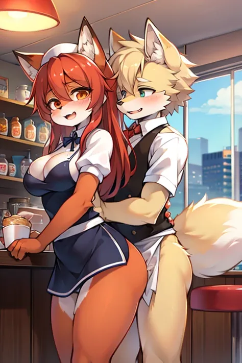 make a fox have sex with a man in a diner dressed as a waitress