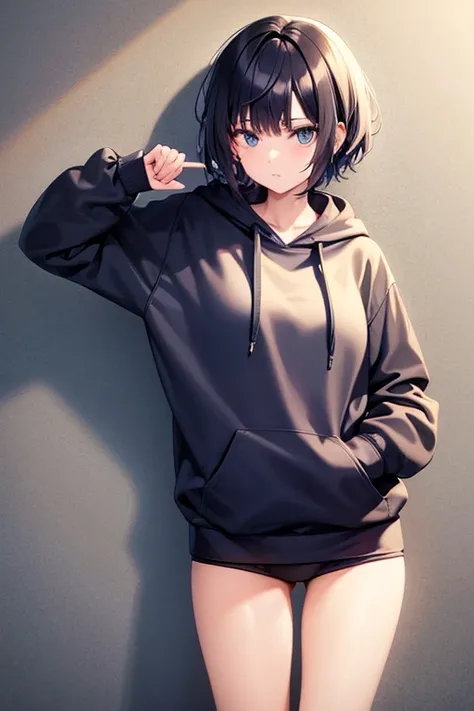 Cool girl, short hair, wear a hoodie over high school uniform, lean against the wall