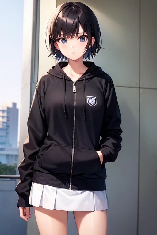 Cool girl, short hair, wear a zip up hoodie over high school uniform