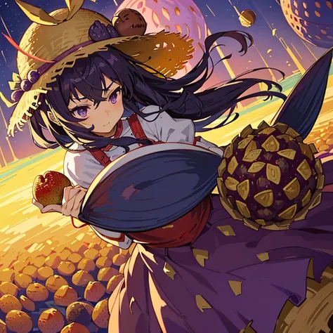 Low-flying Straw Hat Armor Girl covered in boiling large strawberry cake armor serving a large purple potato jam、Amazing dynamism、Amazing Angle、unstable buoyancy sandstorm、((Lots of friendly dried fruit spheres drifting and chasing in close clusters))、(sur...