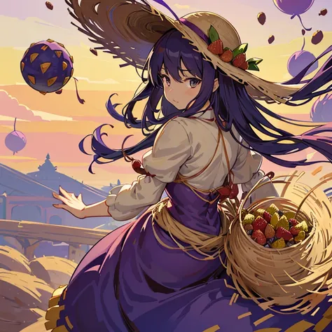 Low-flying Straw Hat Armor Girl covered in boiling large strawberry cake armor serving a large purple potato jam、Amazing dynamism、Amazing Angle、unstable buoyancy sandstorm、((Lots of friendly dried fruit spheres drifting and chasing in close clusters))、(sur...