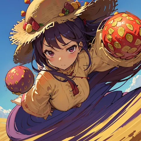 Low flying straw hat girl covered in boiling large strawberry cake armor serving a large purple sweet potato jam、Amazing dynamism、Amazing Angle、unstable buoyancy sandstorm、((Lots of friendly dried fruit spheres drifting and chasing in close clusters))、(sur...