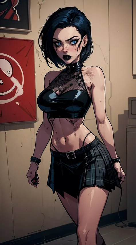 a woman with short black hair, hair on shoulders,  wearing a black cropped  and plaid skirt, blue eyes, zombie art, gothic art, cute aesthetic with vibe, toon aesthetic, wearing red costume, wearing gothic accessories, look like Cassie Hack, whole body, wa...