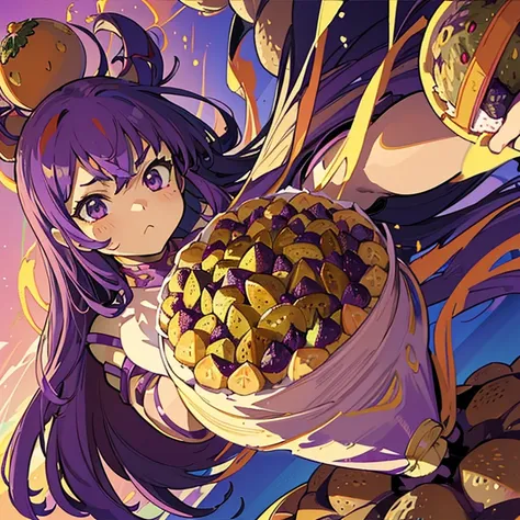 Flying Purple Sweet Potato Armor Girl covered in boiling Large strawberry cake stand serving a large purple sweet potato jam、Amazing dynamism、Amazing Angle、unstable buoyancy sandstorm、((Lots of friendly dried fruit spheres drifting and chasing in close clu...