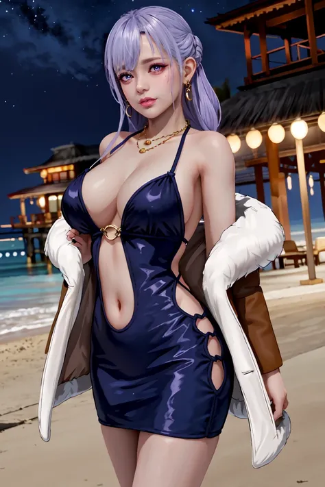 fiona, 1girl, solo, golden, bodycon, microdress, necklace, earring, navel, face focus, fur coat, face focus, night sky, beach