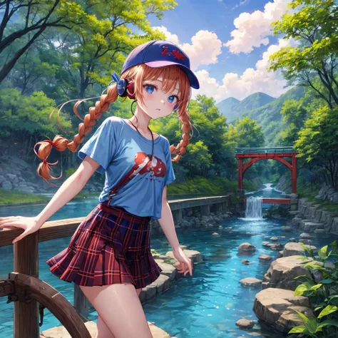 Red-blonde、Blue hair、blue eyess、Braids、poneyTail、one good looking girl、独奏、animesque、Plaid miniskirt、Black T-shirt、camisole、the woods、Walking、Wearing a plaid baseball cap、bare-legged、Tilting your face、log bridge、Doing the ribbon、have a twig、falls、Blue Topaz...